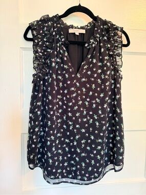 LOFT Black Floral Ruffle Sleeve top